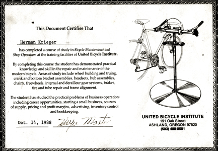 bicycle mechanic certificate